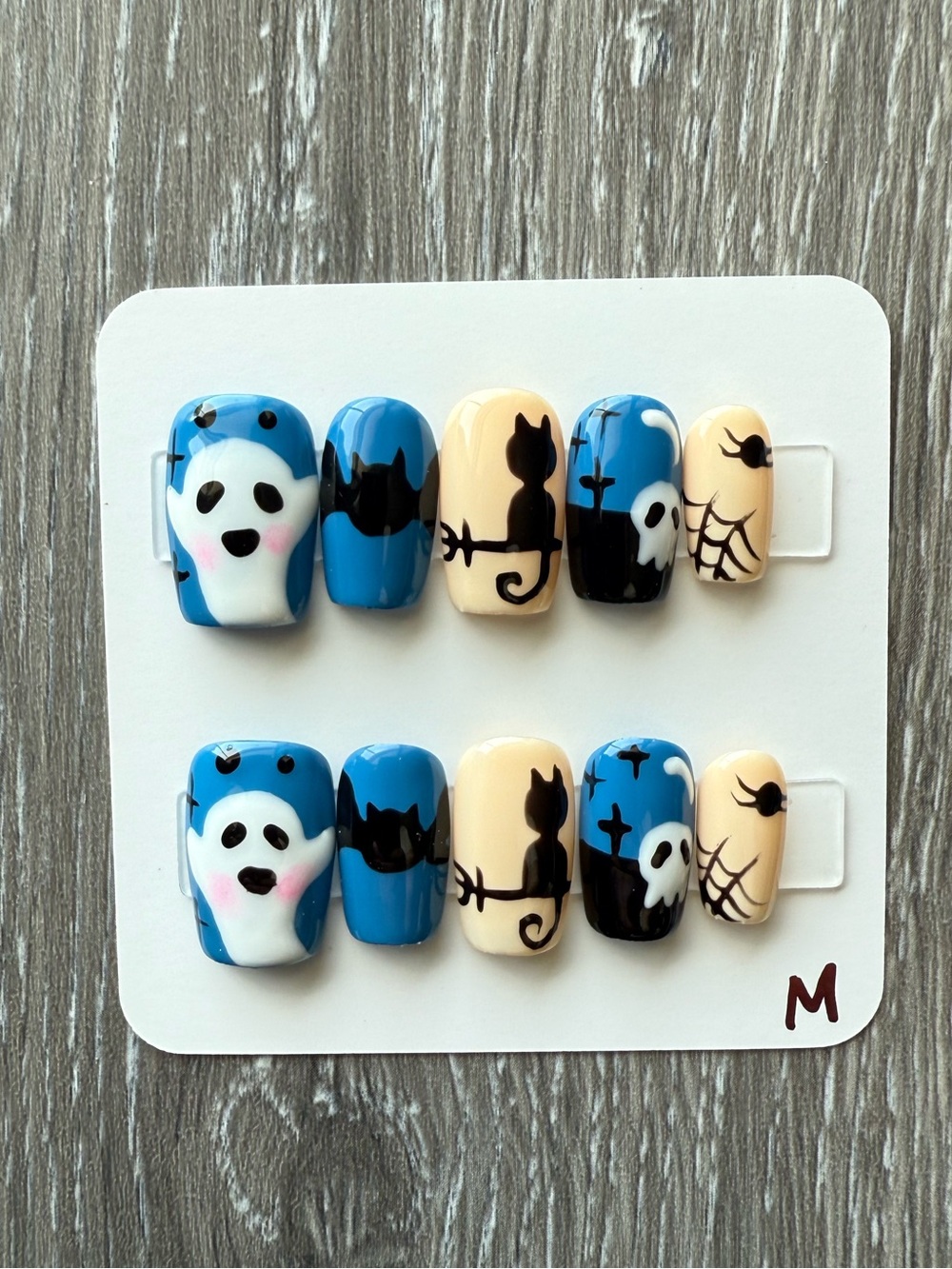 Spooky Cat & Ghost Press-On Nails in Blue and Cream